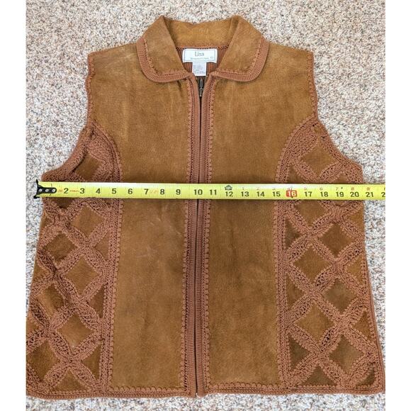 Women's Tan Suede Leather Crochet Sweater Vest Size Large Western Boho Hippie - Picture 11 of 11